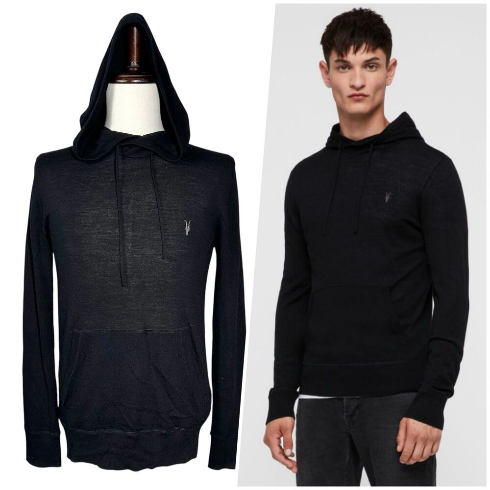 AllSaints | Men | Mode Black 100% Merino Wool Ramskull Hooded Sweater | Sz Small